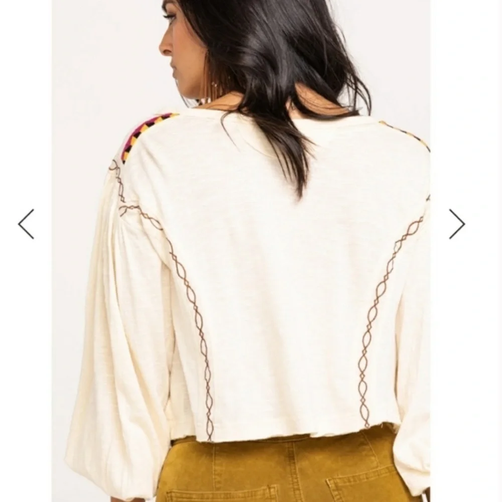 Free People Boho Embroidered Long Sleeve Hand Me Down Top